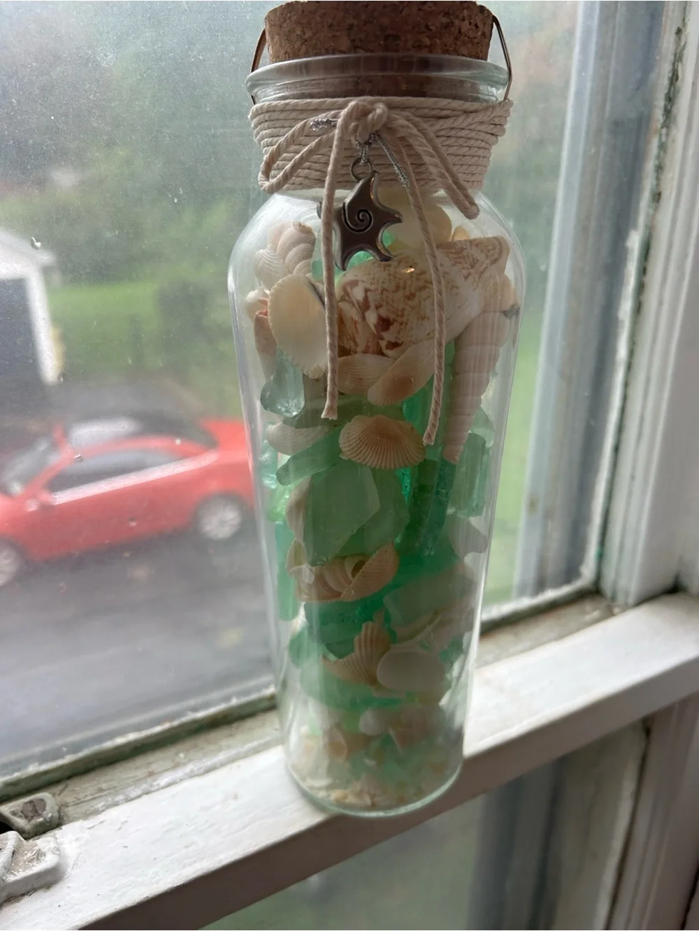 NWT COASTAL Sea Glass & Shell Accent Jar with Charm, Cork Stopper and Cord